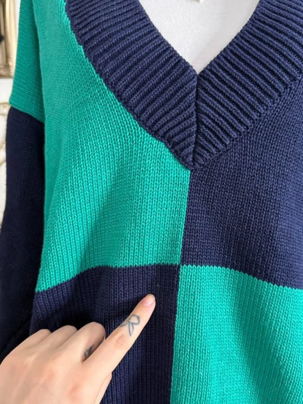 90’s quirky grunge green and navy blue color block patchwork cozy sweater